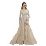 Boat Neck See Through Prom Party Dress / Big Net Ladies Evening Ball Gown
