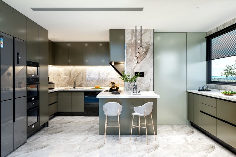 Fadior Luxury Olive Green SS Steel Kitchen Cabinets With Functional Storage