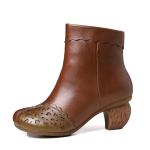 S042 Color matching cowhide boots, women's plus velvet mid-heel boots, women's