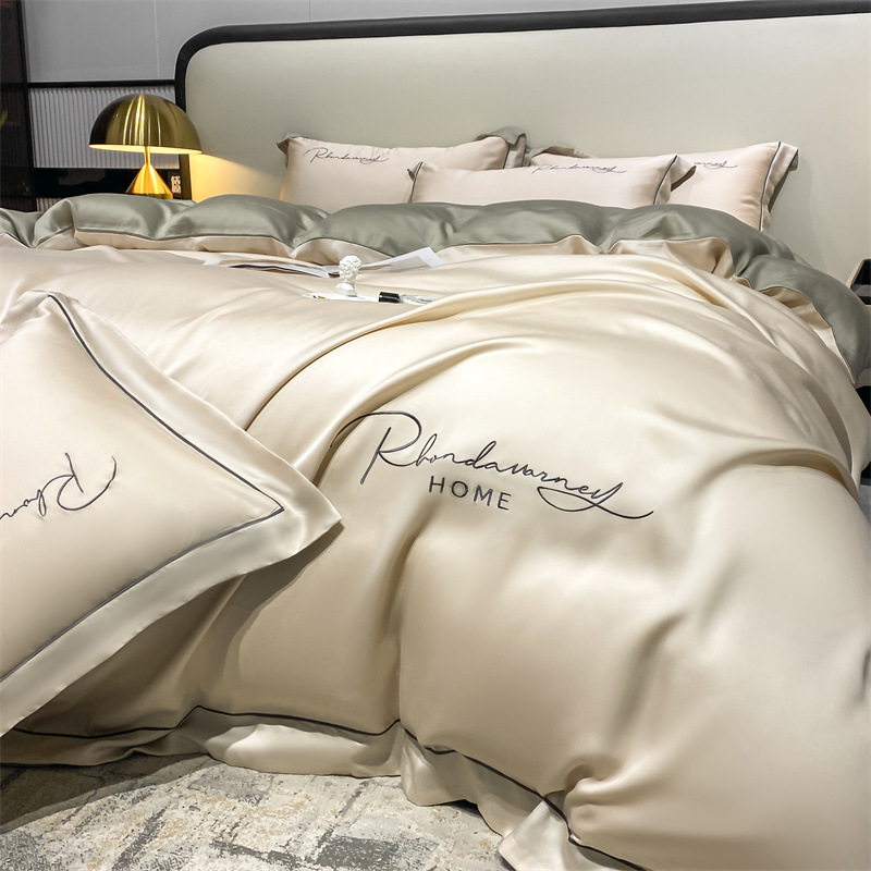 Solid Color Light Luxury Washed Silk Embroidery 4 Pcs Bedding Set with Fitted Sheet