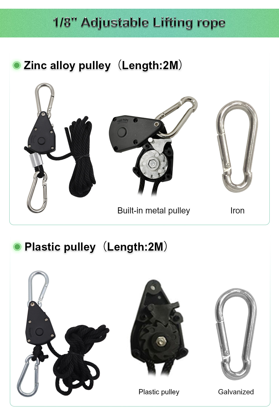 Black Adjustable Grow Light Metal Rope Ratchet Pulley For Greenhouse Indoor Plant