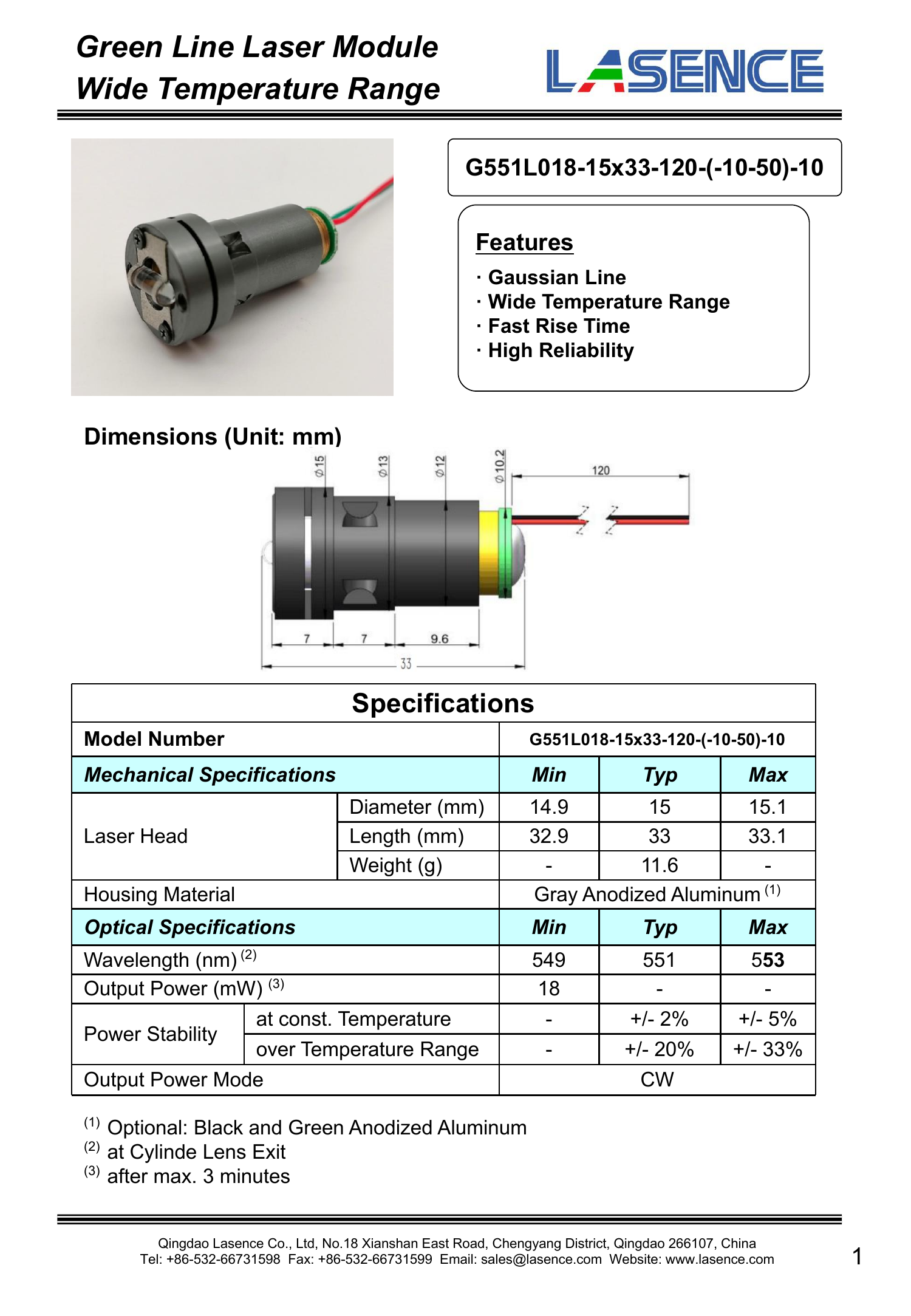 Professional 551nm DPSS 18mW Green Line Laser Module for Industrial Applications