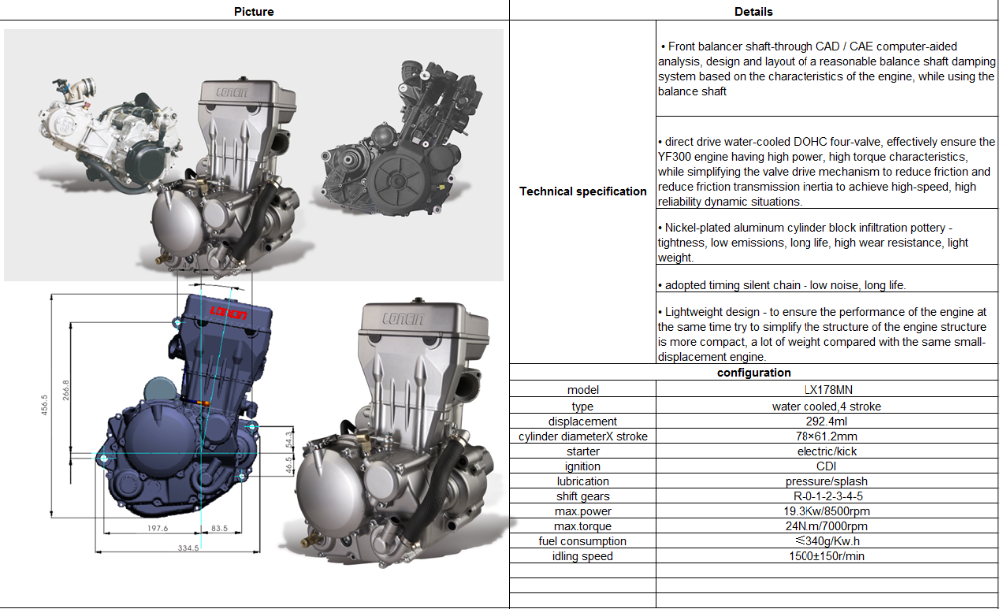 LIFAN LONCIN ZONGSHEN DAYANG 300cc Motorcycle Engine 78*61.2mm