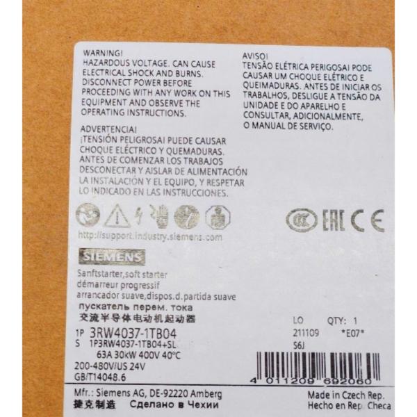 SIEMENS 3RW4037-1TB04 SIRIUS SOFT STARTER S2 63 A, 30 KW/400 V, 40 °C 200-480 V