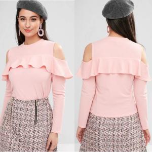 China Cheap Wholesale Ruffle Clothing Long Sleeve Cold Shoulder T Shirt Tops factory
