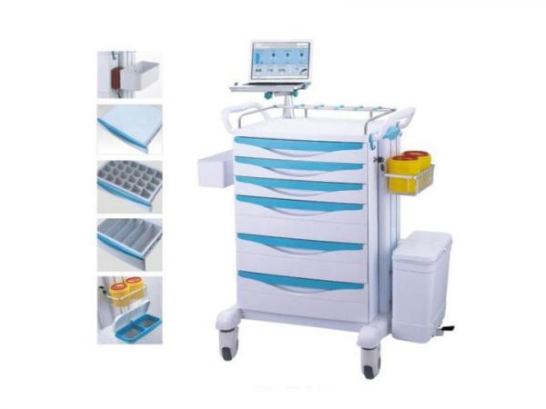 Plastic Body Medical Trolley Cart With Trash Can Two Deep Drawers Easy