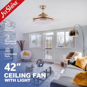 China 3 Clear Blades Golden modern retractable ceiling fan With LED Light factory