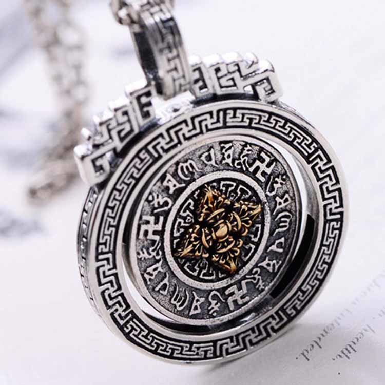 Sterling 925 Silver Vintage Buddhism Blessings Charm Pendant Necklace for Women Men (060396)