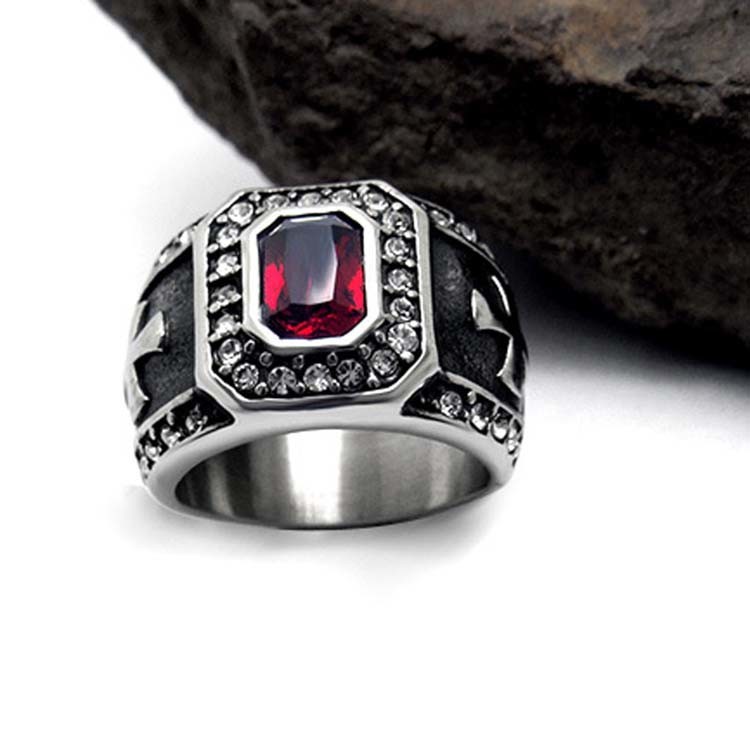 Vintage Inlay Mens Gothic Stainless Steel Band Ring with RED Cubic Zircon (SA566RED)