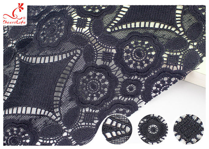 47 Inch Black Embroidered Lace Fabric For Dressmaking / Floral Embroidered Trim