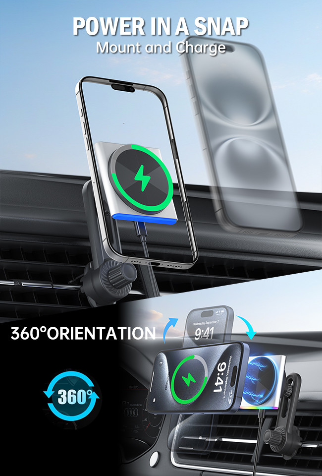 360-Degree Rotation Car Phone Holder With 9-Color RGB Light Effect Projection And Wireless Car Mount