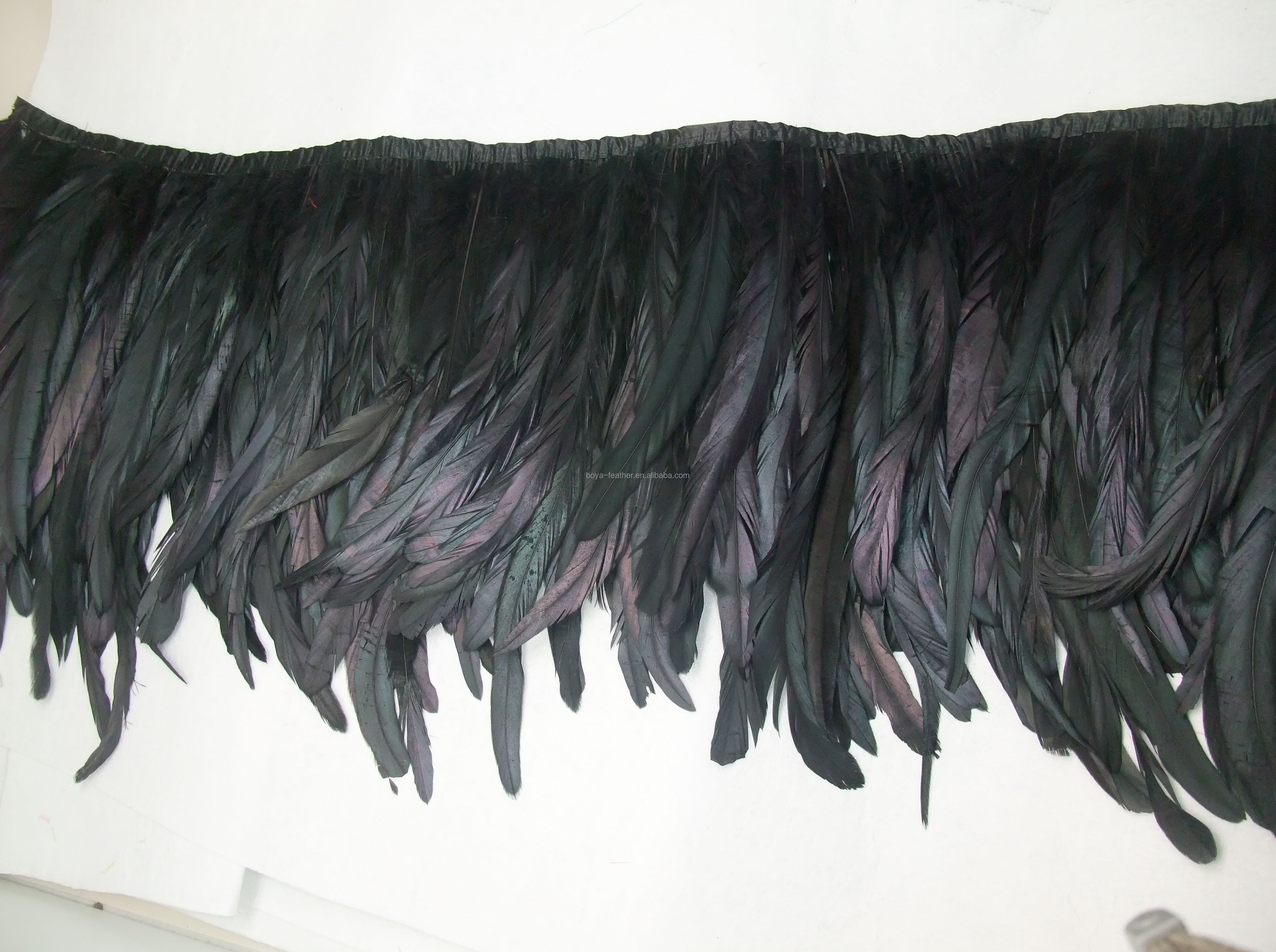 Party Decoration Black Rooster Coque Feather Fringe Trim with Satin Ribbon Tape Dyed 10-12inch