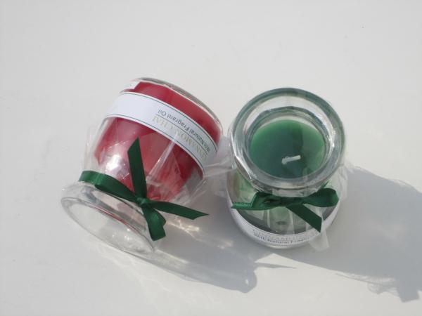 5.2x6.3cm Red & Green scented mini glass candle with printed label and green
