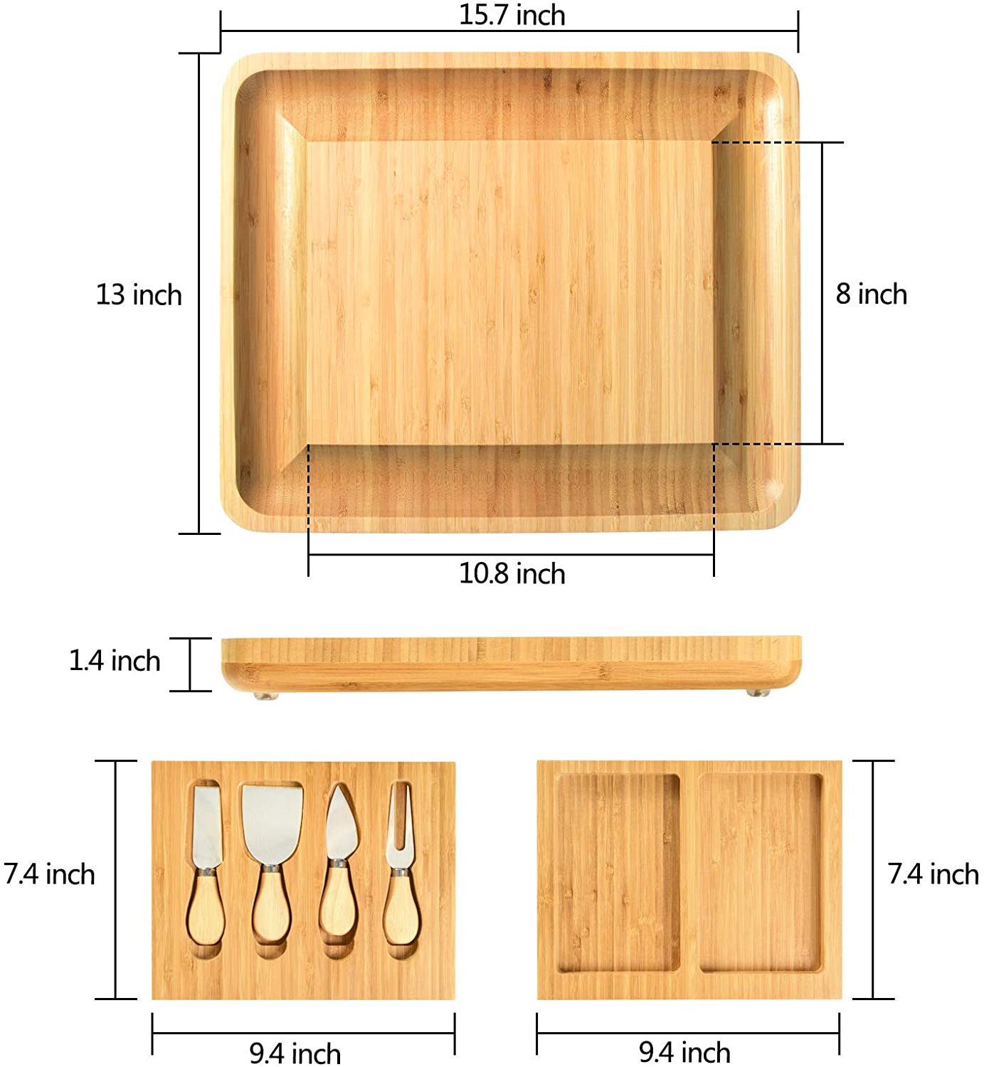 Double Side Wooden Serving Tray Bamboo Cheese Board Hidden Drawer Cheese Servers