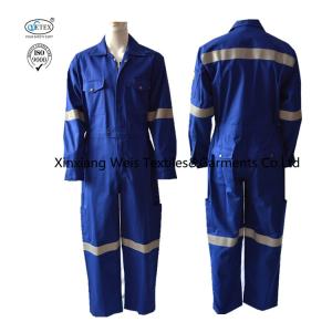 China Blue 100% Cotton Twill Flame Resistant Reflective Durable Coverall 320gsm For Oil Petrochemical Industry factory