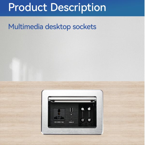 Embedded Desktop Power Socket Box front view showing universal socket and USB charging ports