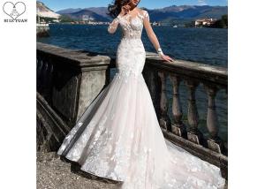 China Unique White Long Sleeve Lace Bridal Gowns Perspective Waist Back Long Fishtail factory