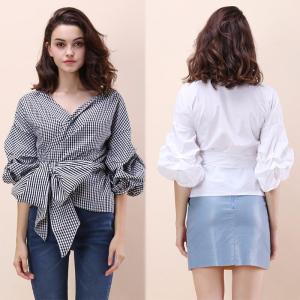 China Fall Clothing Blouse Ladies Gingham Tops Women Wrap Top factory