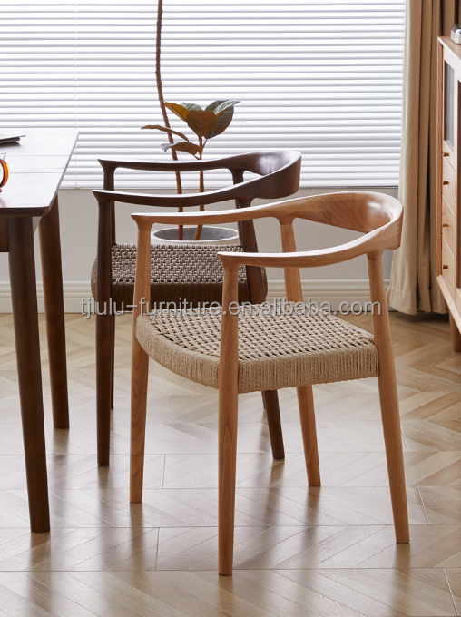 Home Furniture Modern North European Style Woven Cord Dining Chairs with Rubber Wood Frame