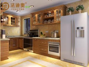 China Fadior Wooden-Texture Stainless Steel Kitchen Cabinets With Glass Doors And Open Shelving factory