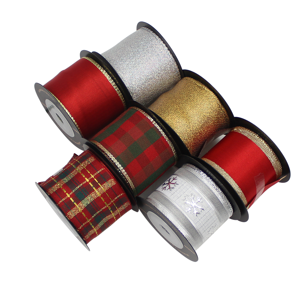 Latticed Sequin Ribbon Merry Christmas Wired Edge Ribbon 2 1/2 Inch For Christmas Decoration Glitter Ribbon