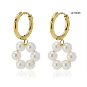 Delicate Woman Dangler Circle Pearl Drop Earrings Gold Stainless Steel Earrings