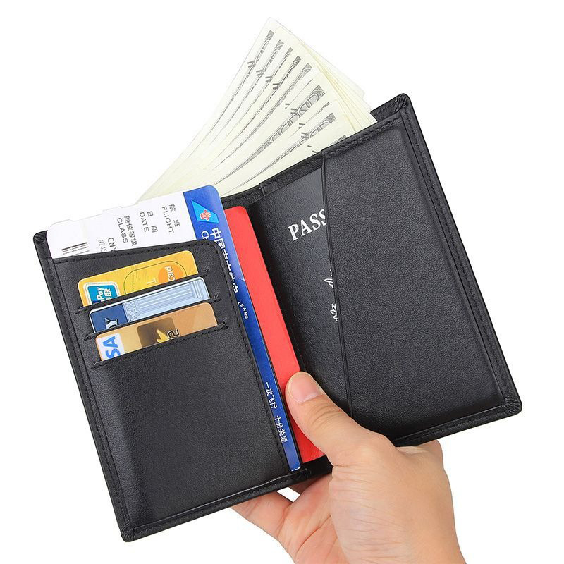Open Closure RFID Blocking Genuine Leather Passport Wallet for Travel Credit Cards