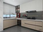 Modern U-Shaped Wood Grain Stainless Steel Kitchen Cabinet With Vibrant Red Open
