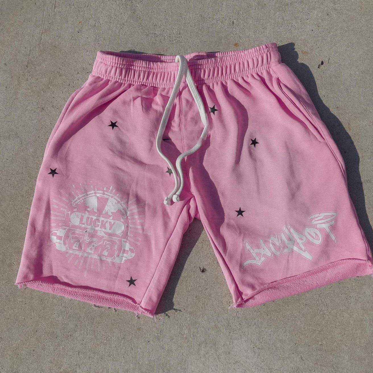 Men's Elastic High Waist Raw Hem Washed Cotton Shorts with Custom Sun Faded Acid Wash