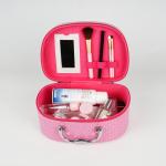 Pink PU Leather Makeup Cosmetic Case With Mirror
