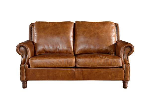 Retro Crack 2 Seater Chocolate Brown Leather Sofa Brass Nails Full Handwork