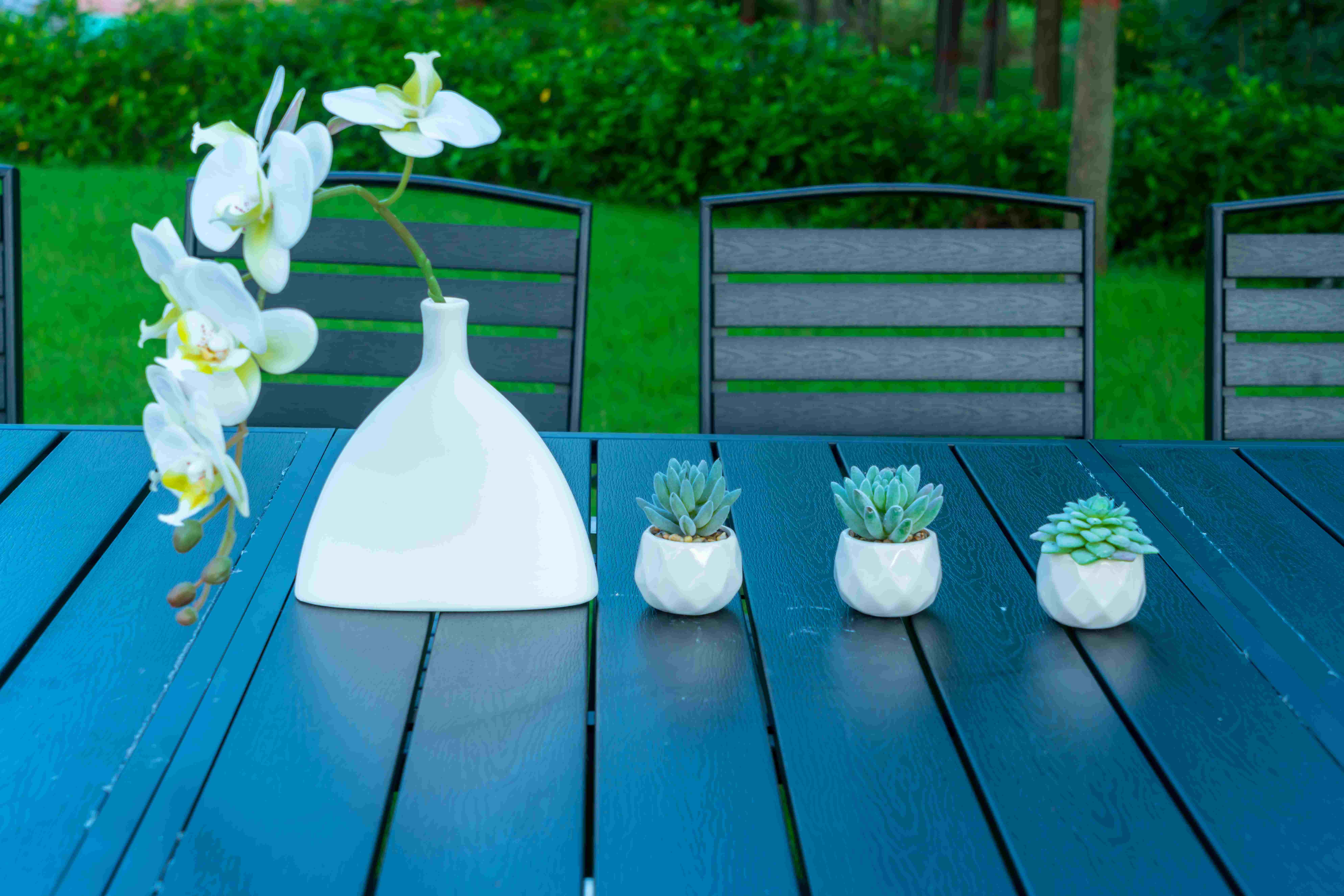 Black 11 Pieces Plastic Wood Modern Outdoor Garden Furniture Table Set 8-10 Seater Extendable Patio Dining Table Chairs