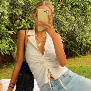 China Drawstring Straps Women Crop Top Lapel Sleeveless Three Color factory