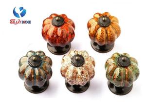 China Colorful Pumpken Shape Ceramic Cupboard Door Knobs Porcelain Antique Bronze Crack Marble Pattern Knobs factory