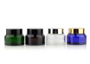 China 15g 30g 50g Tan Transparent Color Green Amber Frost Glass Container Cosmetic Jars with Aluminum Lids factory