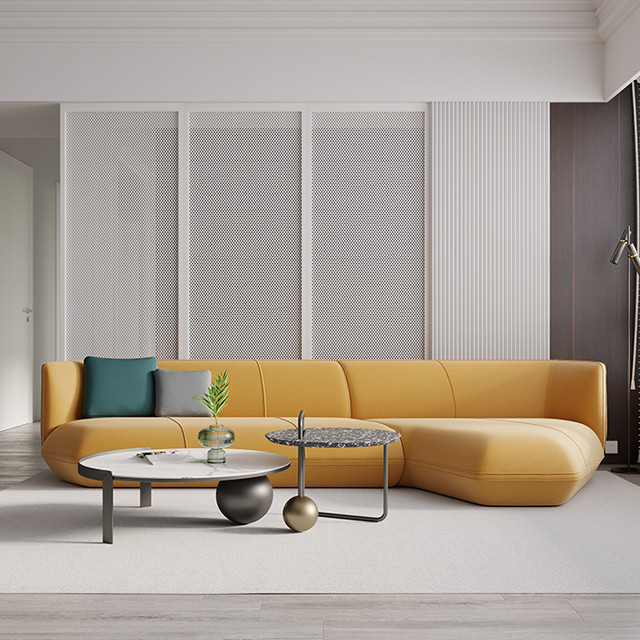 Technology Leather L Shaped Living Room Sofa Birch Legs Yellow
