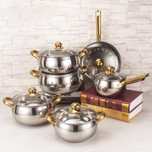 China Best Selling Stainless Steel Cookware Set 12pcs Double Layer Cooking Pot Set With Golden Handle factory