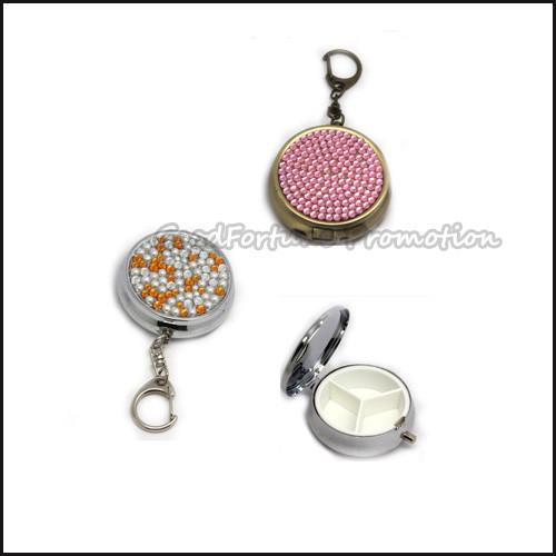 customed printed logo metal diamond roound pill box case organizer keychain
