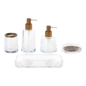 China Clear Luxury Glass Bath Accessories Round Shape With Wood Pump Head Hand Soap Bottle Dispenser Soap Dish Holder Toothbrush Holder factory