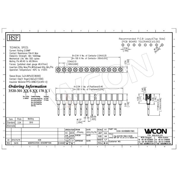WCON 2.54 mm Pitch Round Pin Header High Contact Reliability Single Row
