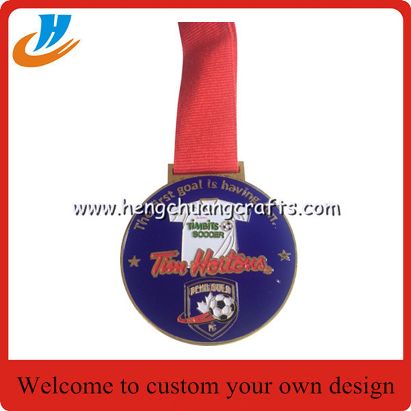 Half Marathon run medal with color filled, carved metal medallions with sublimation or screen print medal ribbon