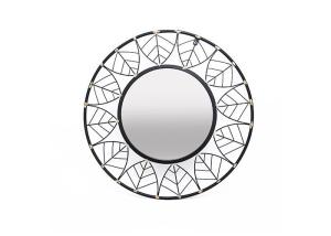 China Black Round Frame Leaves Dotted With Gold Design Mirrored Metal Wall Art For Outdoor Indoor factory