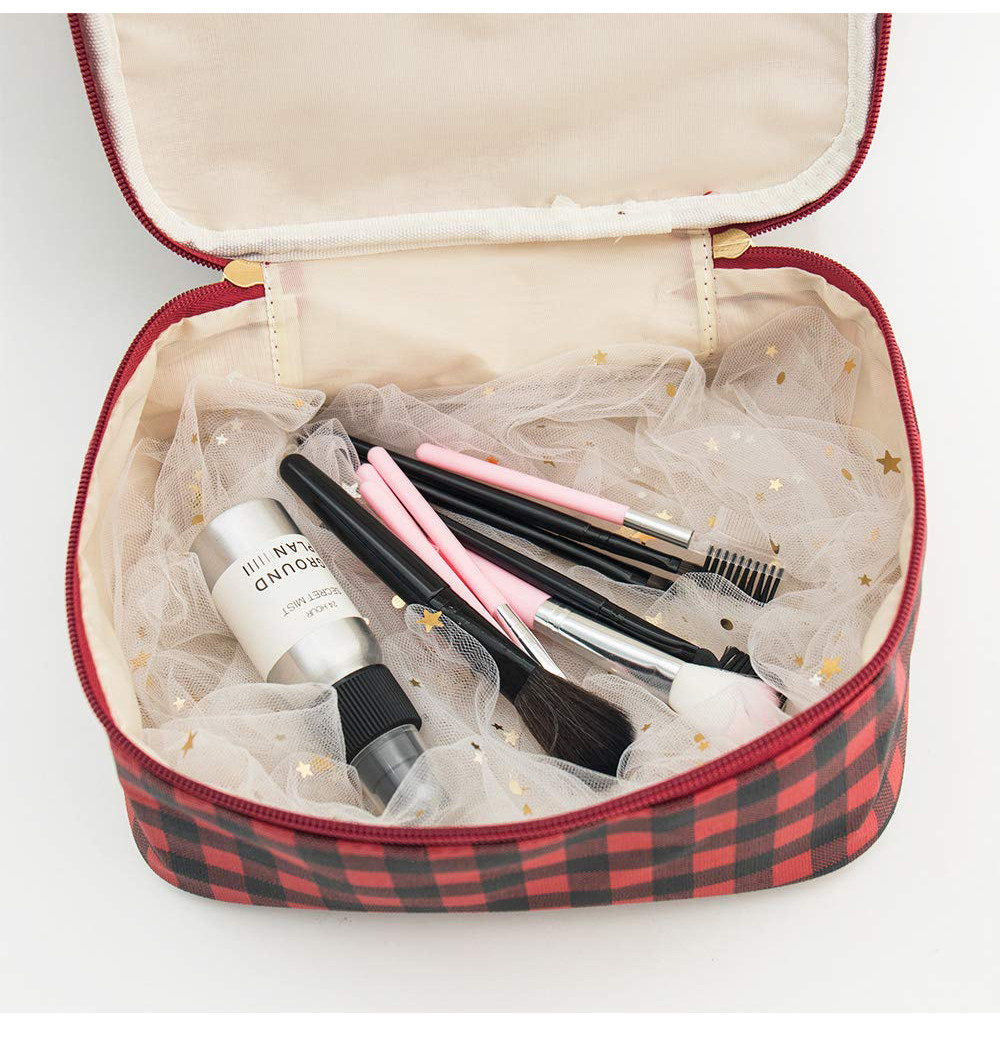 3pcs Red Black Plaid Polyester Cosmetic Bag For Travel