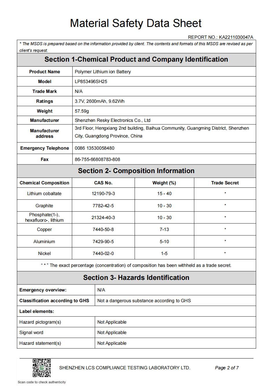 Shenzhen Resky Electronics Co., Ltd. Certifications