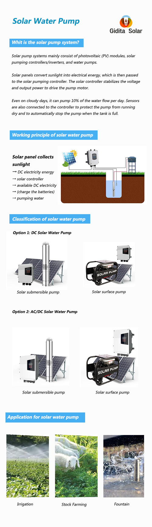 1Hp Solar Water Pump with Max. Head of 14m AC DC Solar Surface Pump