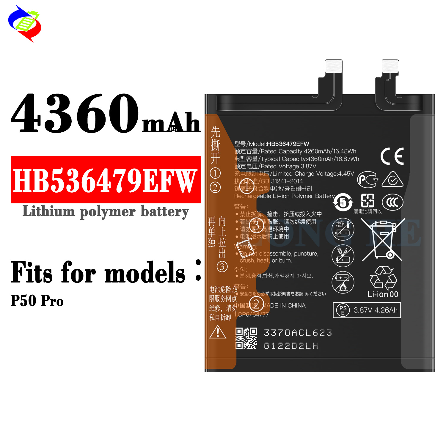 Black HB536479EFW Rechargeable Cellphone Battery for Huawei P50 Pro 3.87V 4360mAh