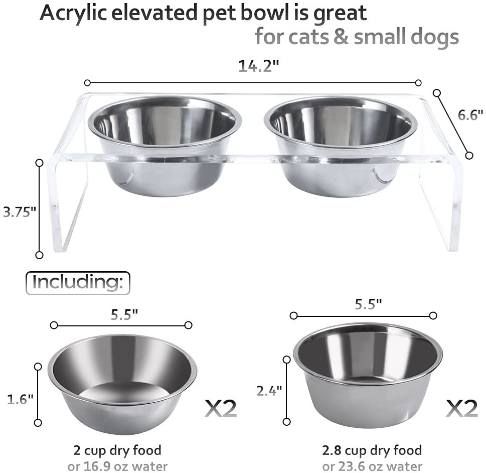 Acrylic Elevated Dog And Cat Pet Feeder with 2 Set Removable Food and Water Bowls
