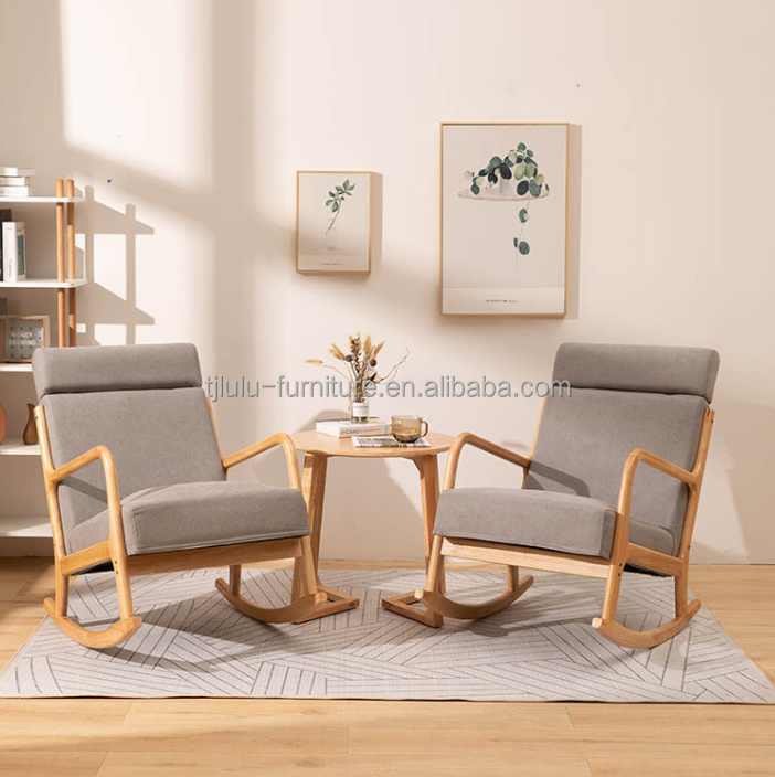 Stylish Living Room Furniture Upholstered Wood Rocking Chair and Stool for Relaxing