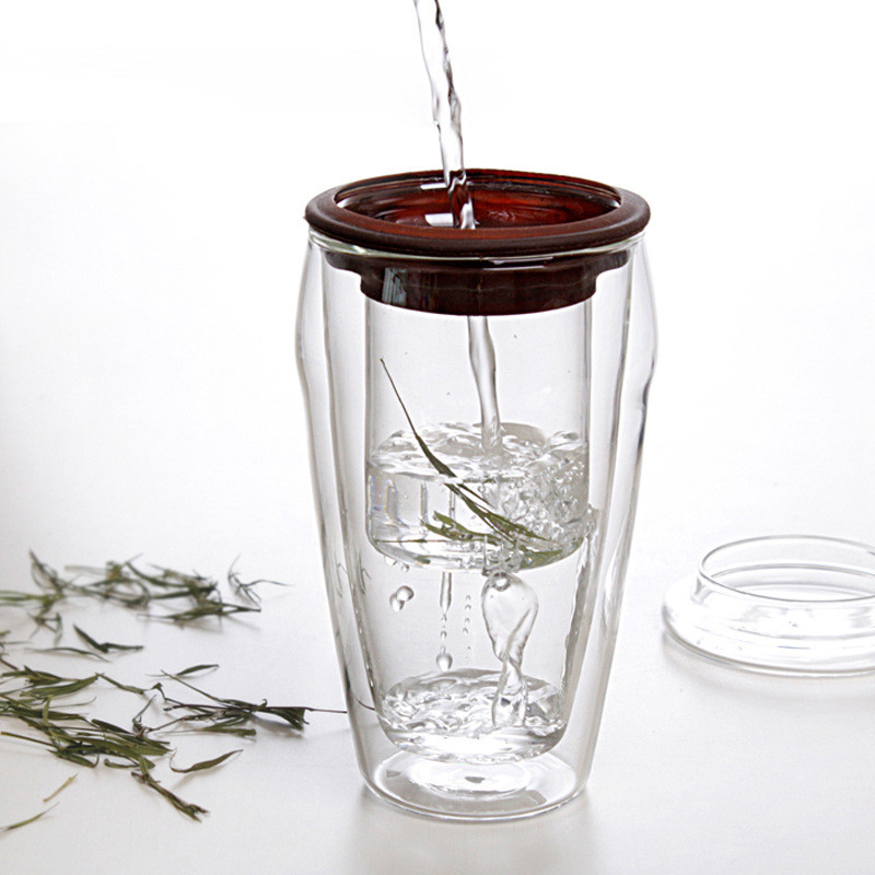 Cylinder Double Borosilicate Glass Cup With Silicone Lid