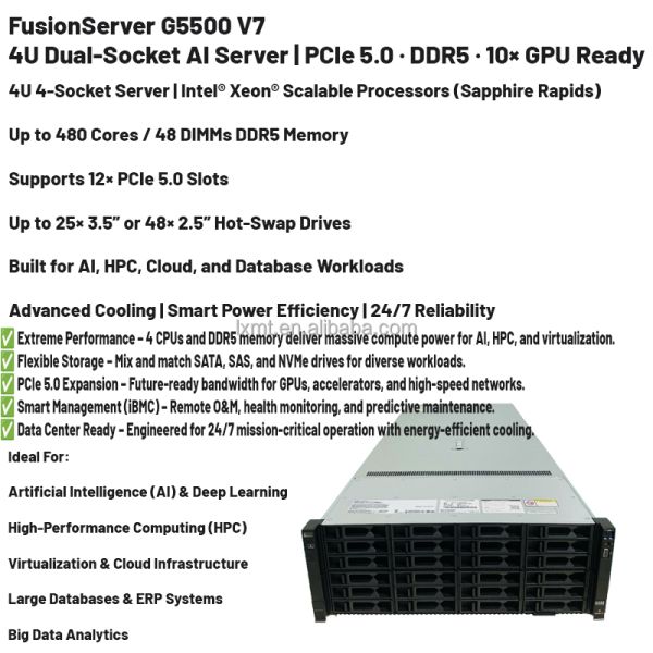Fusionserver G5500 V7 8 GPU Rack Server with Xeon Processor 4U Dual Socket for High Performance Computing